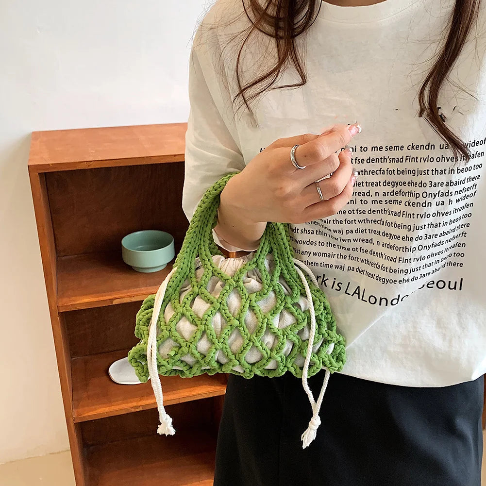 Summer Cotton Thread Woven Handbag Women Crochet Beach Bag Hollow Out Knitting Mini Top-Handle Bag Straw Mesh Boho Wristlet Bags
