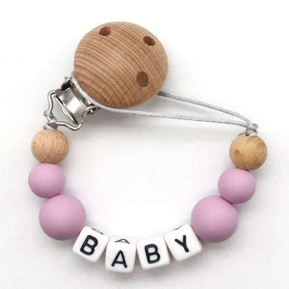 NEW Custom Personalized Name Pacifier Clip Handmade Beech Wooden Chain Silicone Crown Holder Soother Baby Teething Toy Chew Gift