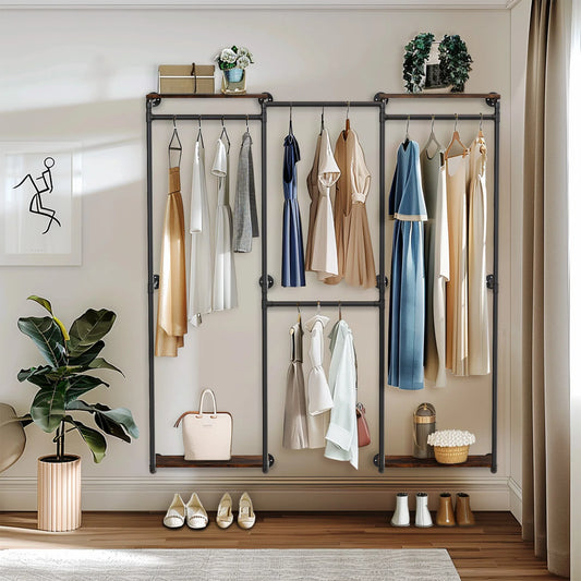 Kleiderständer aus Industrierohren, wandmontierter Metallkleiderständer, begehbarer Kleiderschrank mit Regalen