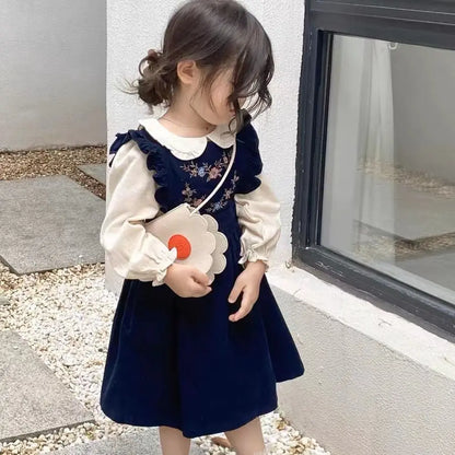 Girls Embroidered Corduroy Dress Set - Premium 2-Piece Doll Collar Shirt & Strap Skirt Outfit