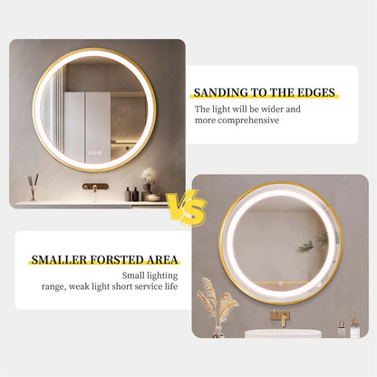 LUVODI 24 Inch Gold Frame Round Bathroom Mirror with Lights Illuminate Wall Vanity Mirror 3 Color Dimmable Anti-Fog Smart Mirror