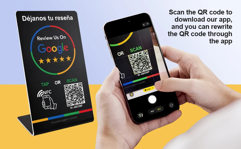 Spanish English QR code NFC Standing Sign Google review NFC215 Review Stand Click URL Unlimited Modification Editing QR Codes