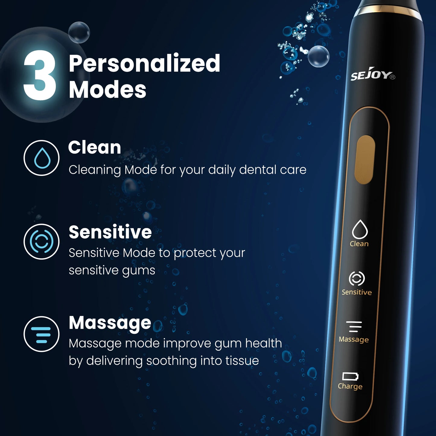 Sejoy Electric Toothbrush for Adults IPX7 Waterproof DuPont Brush Head USB Rechargeable High Frequency Cleaning 3 Cleaning Modes