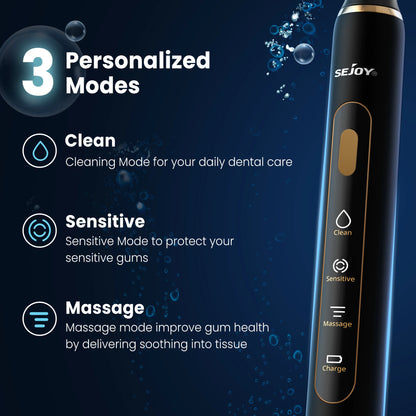 Sejoy Electric Toothbrush for Adults IPX7 Waterproof DuPont Brush Head USB Rechargeable High Frequency Cleaning 3 Cleaning Modes