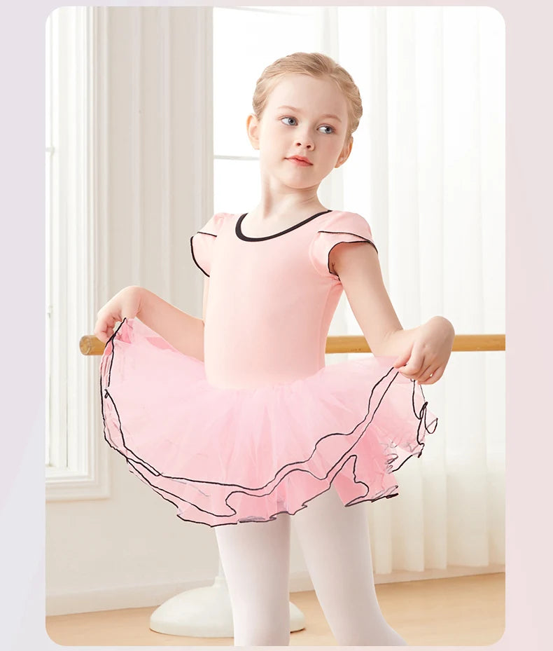 Girls Pink Ballet Leotard with Tutu Short Sleeve Dance Bodysuit for Toddler Girls Cotton Ballerina Wear