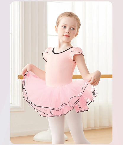 Girls Pink Ballet Leotard with Tutu Short Sleeve Dance Bodysuit for Toddler Girls Cotton Ballerina Wear