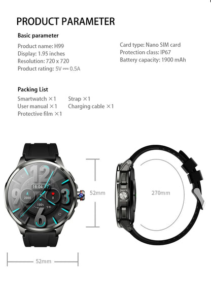 Original H99 Smart Watch Android Watches Amoled Smartwatch With 190° Rotary Camera Google Play Store 1.95inch Amoled Screen