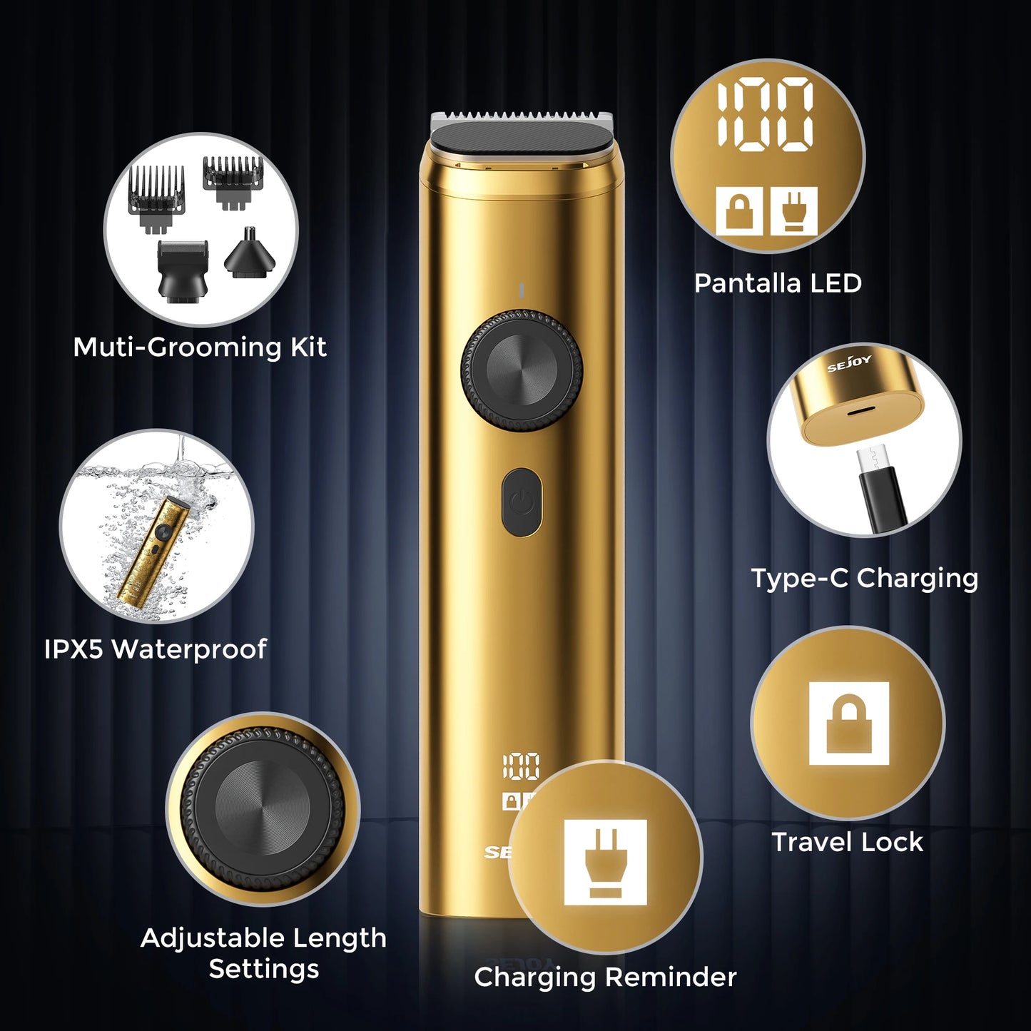 SEJOY Hair Clipper Kit Professional Hair Nose Trimmer for Men Reachageable Waterproof Haircutting Machine,Gold