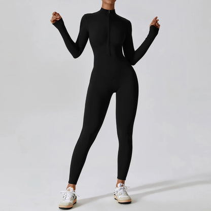 Women's Zipper Yoga Jumpsuit - Long Sleeve Workout Bodysuit for Gym & Fitness