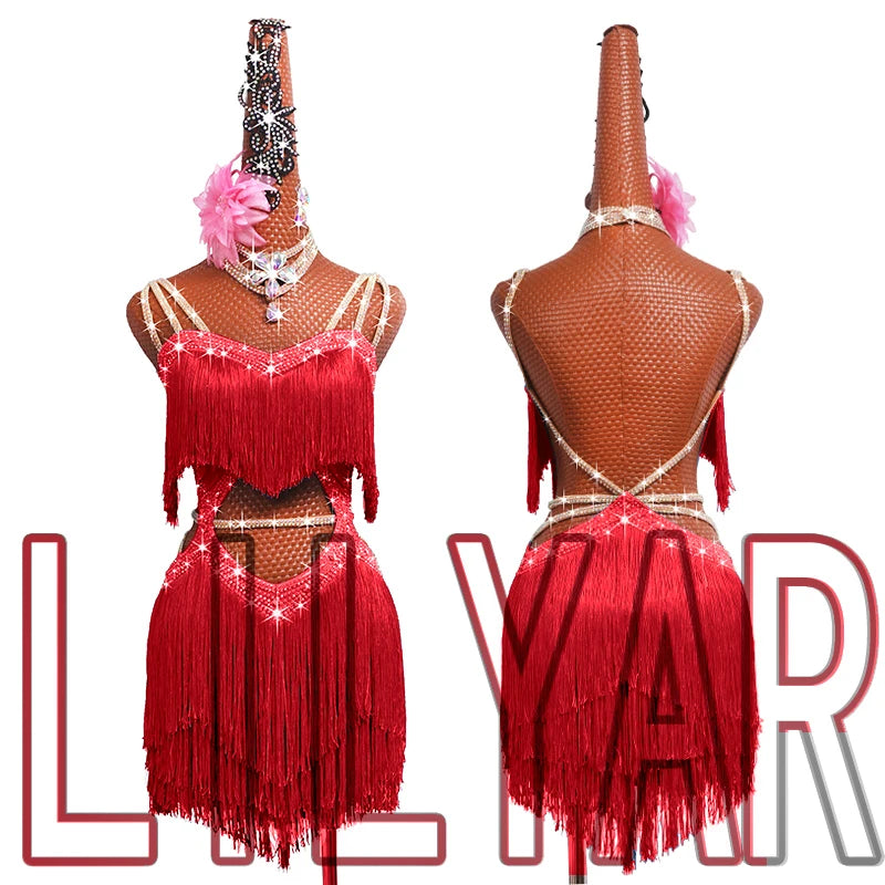 New professional Latin dance competition performance dress with sea blue tassel short open waist sparkling diamond dance skirt