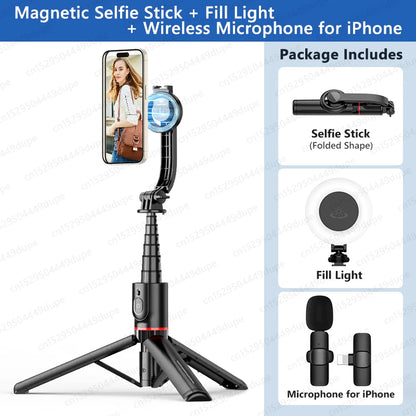 Magnetic Selfie Stick Tripod with Bluetooth Remote Magsafe Cellphone Stand for iPhone 14 13 12 Pro Max Vertical Shooting