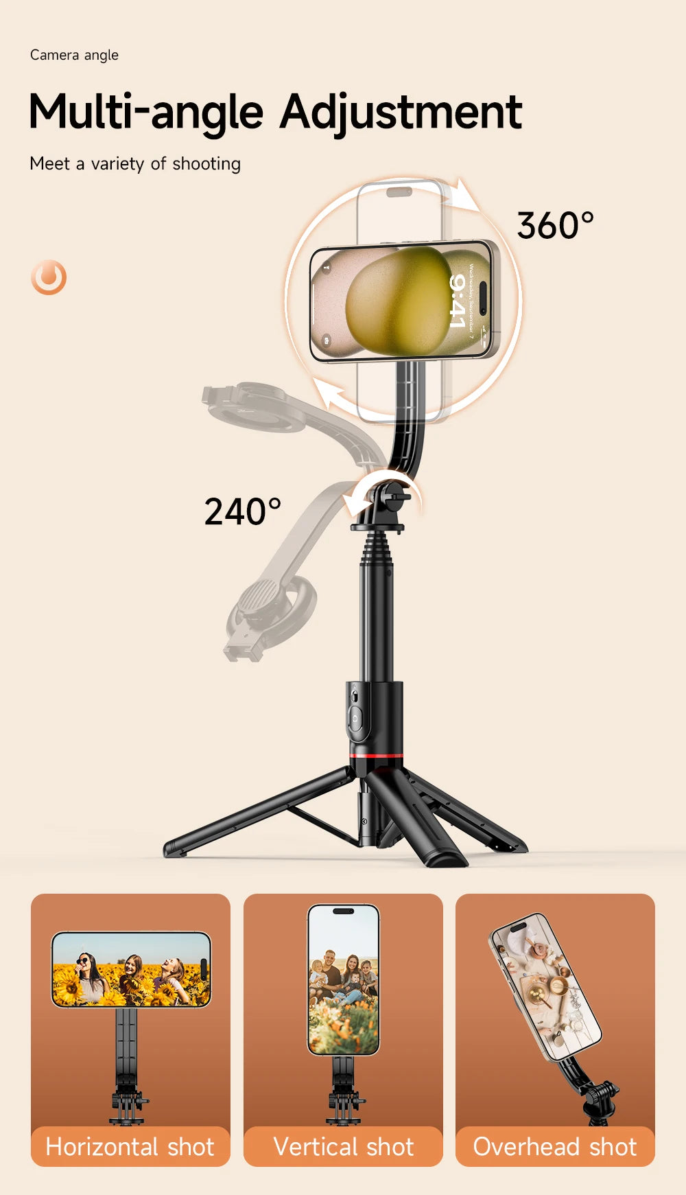 Magnetic Selfie Stick Tripod with Bluetooth Remote Magsafe Cellphone Stand for iPhone 14 13 12 Pro Max Vertical Shooting