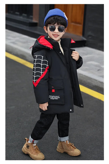 Boys Spiderman Winter Jacket - Thick Warm Hooded Down Parka Coat for Kids
