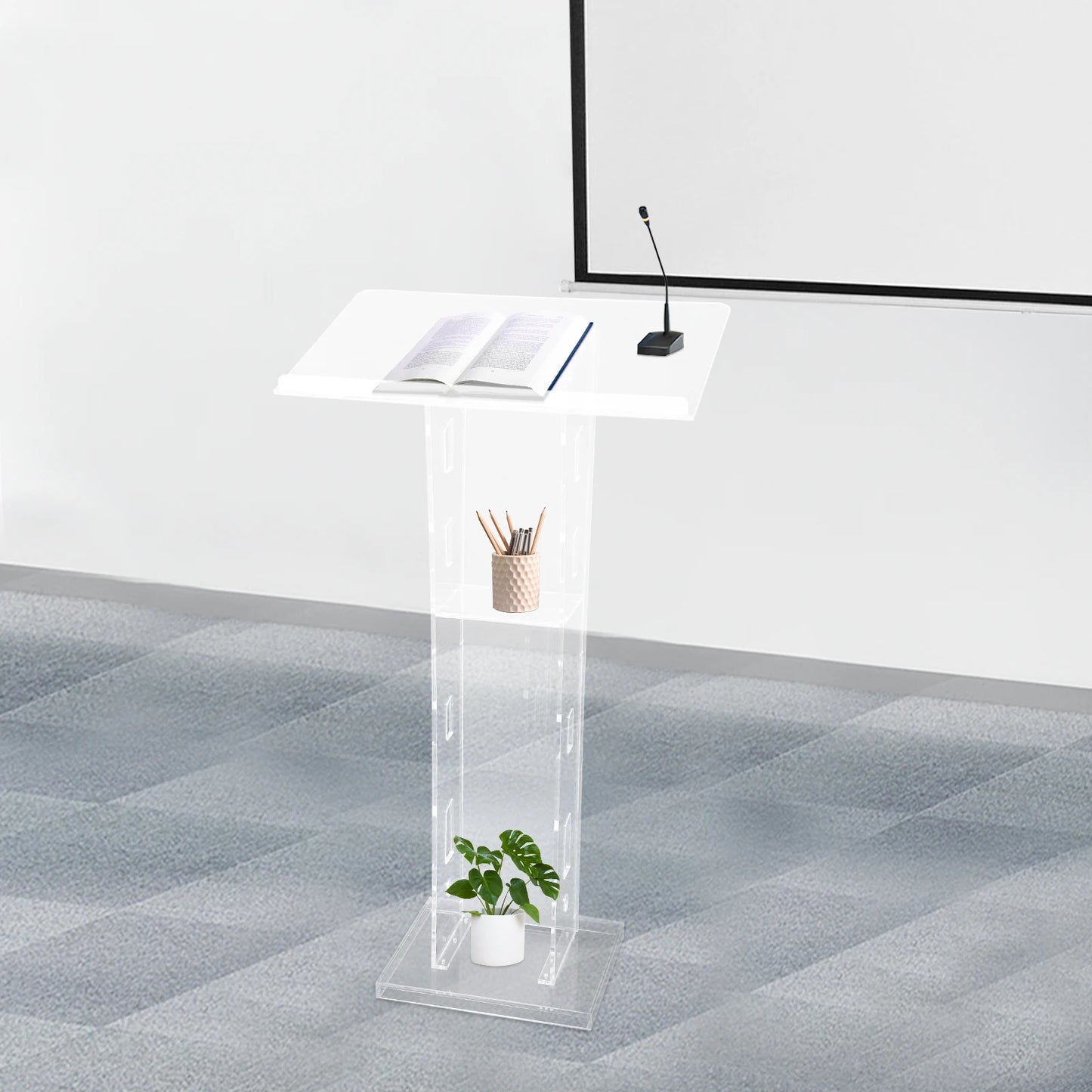 Acrylic Podium Floor Standing Clear Lecterns W/ Storage Shelf School Stand Desk Church Pulpit Office Lecture Table 43in H