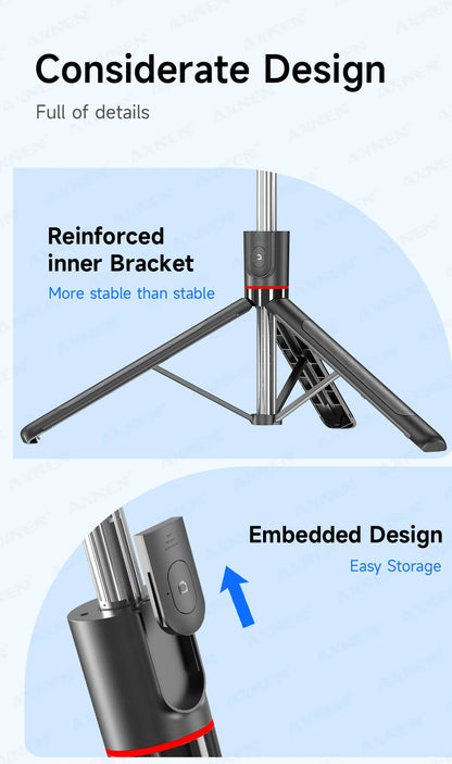 F15 Selfie Stick Tripod with Bluetooth Remote, 6-Section Extendable Pole, 360° Rotation, Fill Light Option, for Phone Vlog