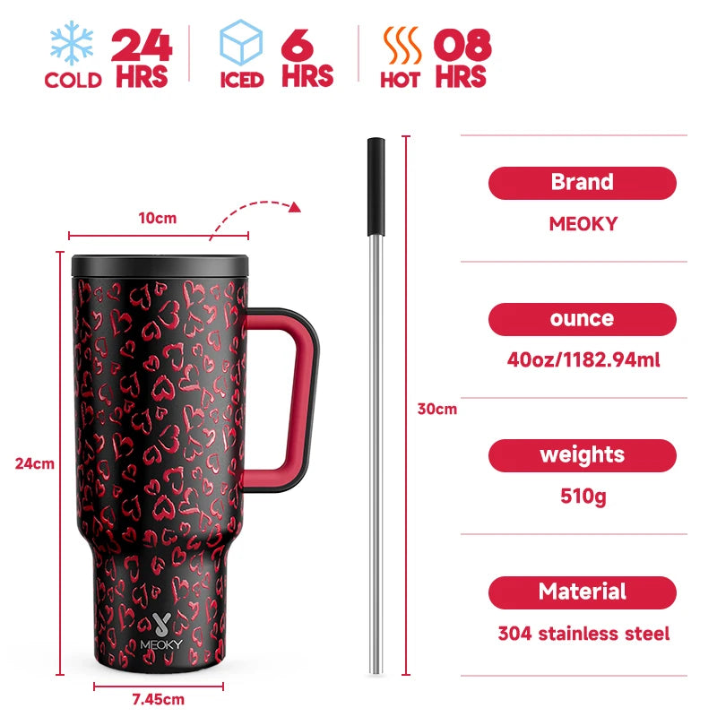 Meoky 40oz Cup Tumbler with Handle Straw Stainless Steel Multi-Prints Coffee Cup Travel Water Bottle Leak-Proof Car Mug Gifts
