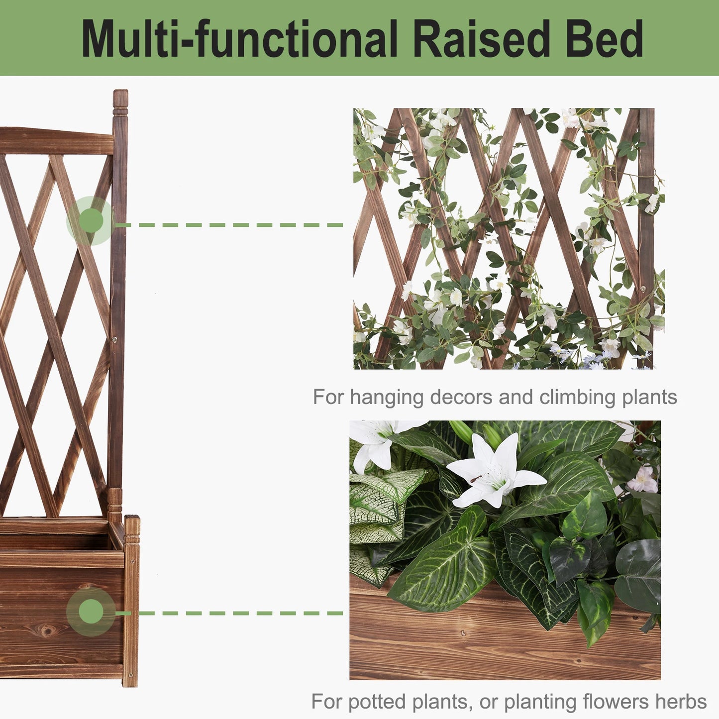 Raised Garden Bed, Wooden Planter Box with Trellis, Vegetable Grow Bed, Support Patio Lattice