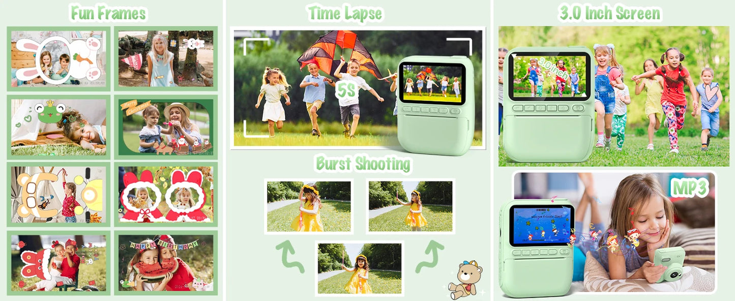 Gofunly Kids Instant Print Camera 3.0" Mini Digital Camera 1080P Portable Video Recorder Gift For 6-12 Years Children