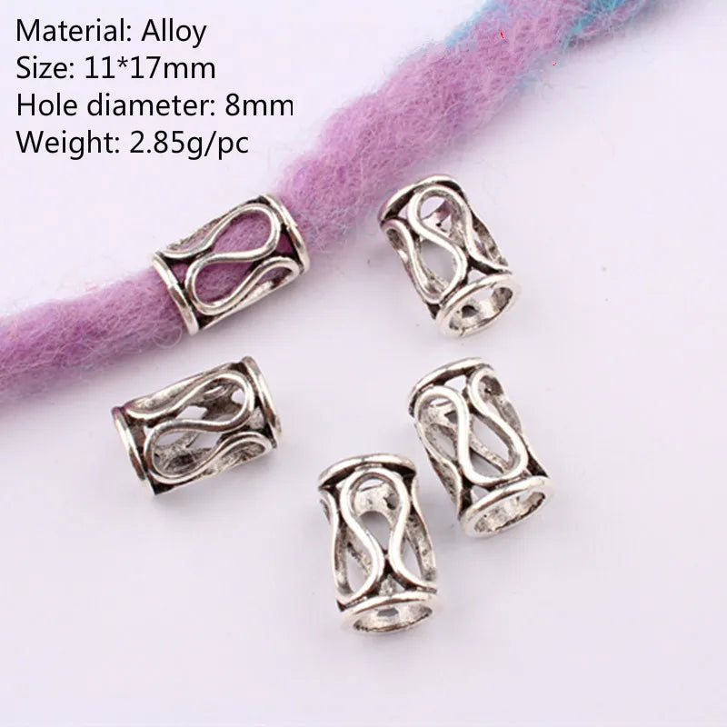 5 Pcs Antique Silver Hair Braid Dread Dreadlock Beads Cuffs Tuber Approx 8mm Inner Hole for Hair Styling Accessories Tool