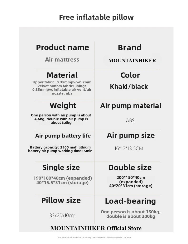 MOUNTAINHIKER 2025 Interior Air Mattress Glamping Mats PVC Inflatable Sleeping Mattress 1/3 Person Camping Bed Mat Built-in Pump