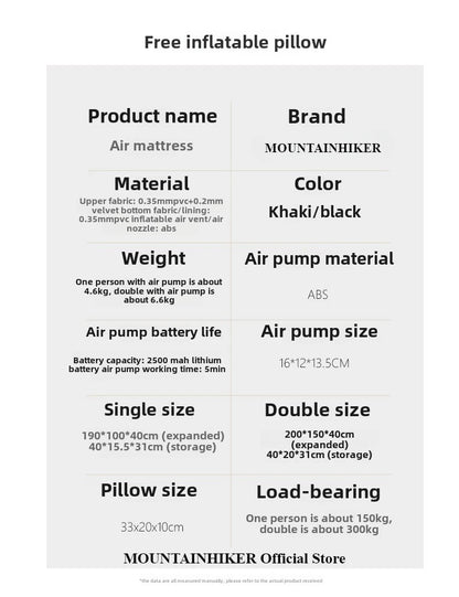 MOUNTAINHIKER 2025 Interior Air Mattress Glamping Mats PVC Inflatable Sleeping Mattress 1/3 Person Camping Bed Mat Built-in Pump