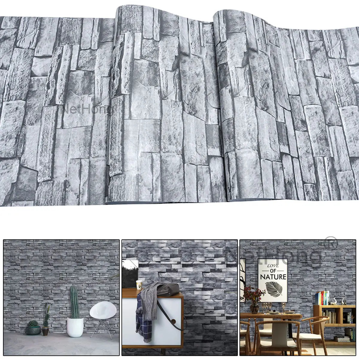 6M 3D Gray Stone Brick Effect Wallpaper Vinyl Self Adhesive Wall Stickers