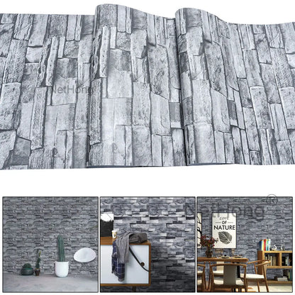 6M 3D Gray Stone Brick Effect Wallpaper Vinyl Self Adhesive Wall Stickers