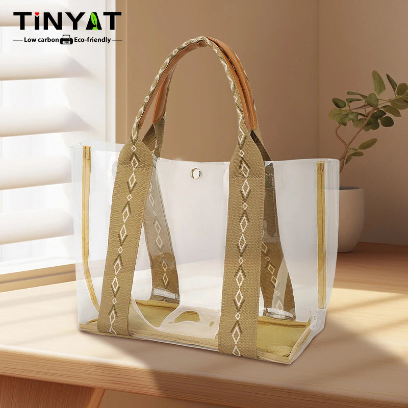 TINYAT Khaki Bohemian Style Clear PVC Tote Bag for Women, Transparent Shopper Clutch Purse for Daily Use and Music Festivals