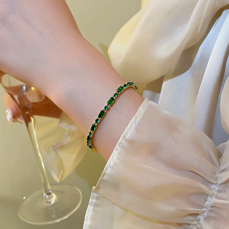 French Luxury Green Zircon Spliced Metal Copper Alloy Bracelet 2024 New Fashion Jewelry For Womens Party Charm Wrist Accessories