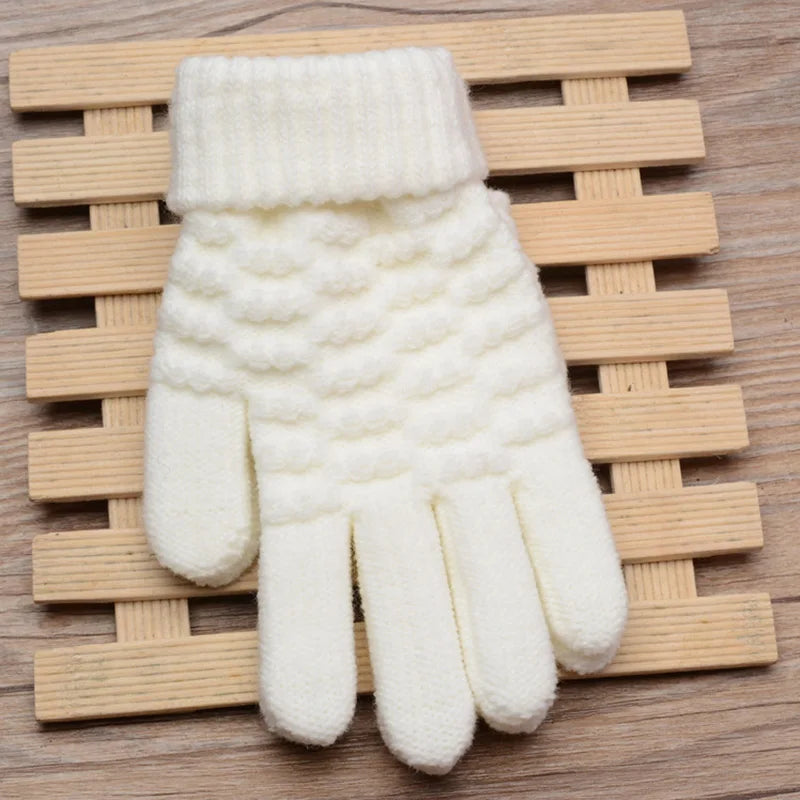 Winter Children Knitted Gloves Thick Woolen Kids Five Fingers Glove 8-15year Boy Girl Baby Hand Warmer Black White Fleece Mitten