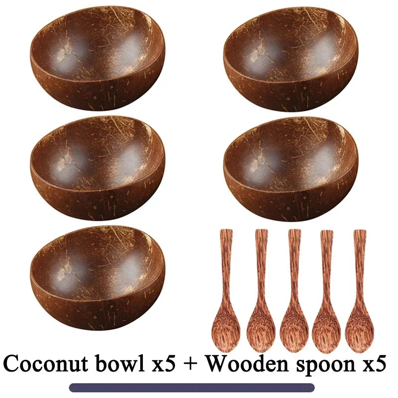 Natural Coconut Bowl Dinner Set for Women, Handmade Wooden Tableware, Wood Spoon, Dessert Fruit Salad, Mixing Rice Ramen Bowl, 1