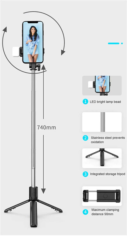 3-In-1 Bluetooth Wireless Selfie Tripod With Fill Light Shutter Remote Control Portable Foldable Monopod For Cell Smart Phones