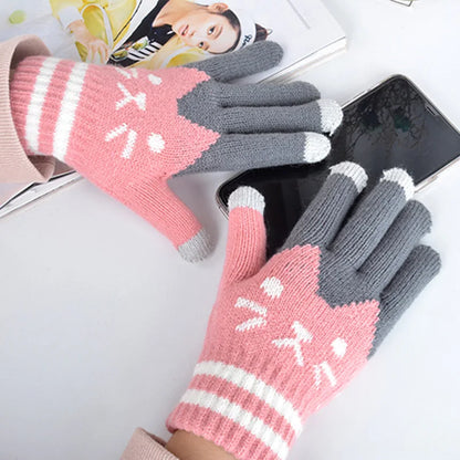 Cute Cartoon Kids Knitted Gloves Thick Fleece Children Five Finger Mittens 4-10Year Boys Girls Winter Hand Warmer Fashion Gloves