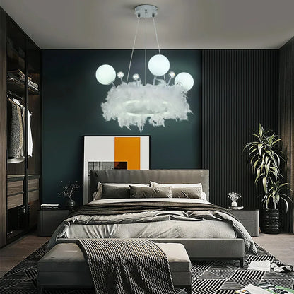 KOMORE Feather LED Pendant Light with Crystal Balls 18W 1980lm for Kitchen Living Room Hallway Entryway