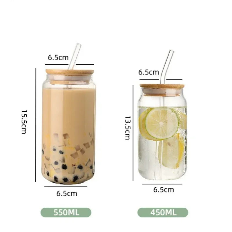 Glass Straw Cup with Dustproof Wooden Lid Heat-resisting Transparent Glass Bottle Breakfast Cola Milk Drinking Cups Holiday Gift