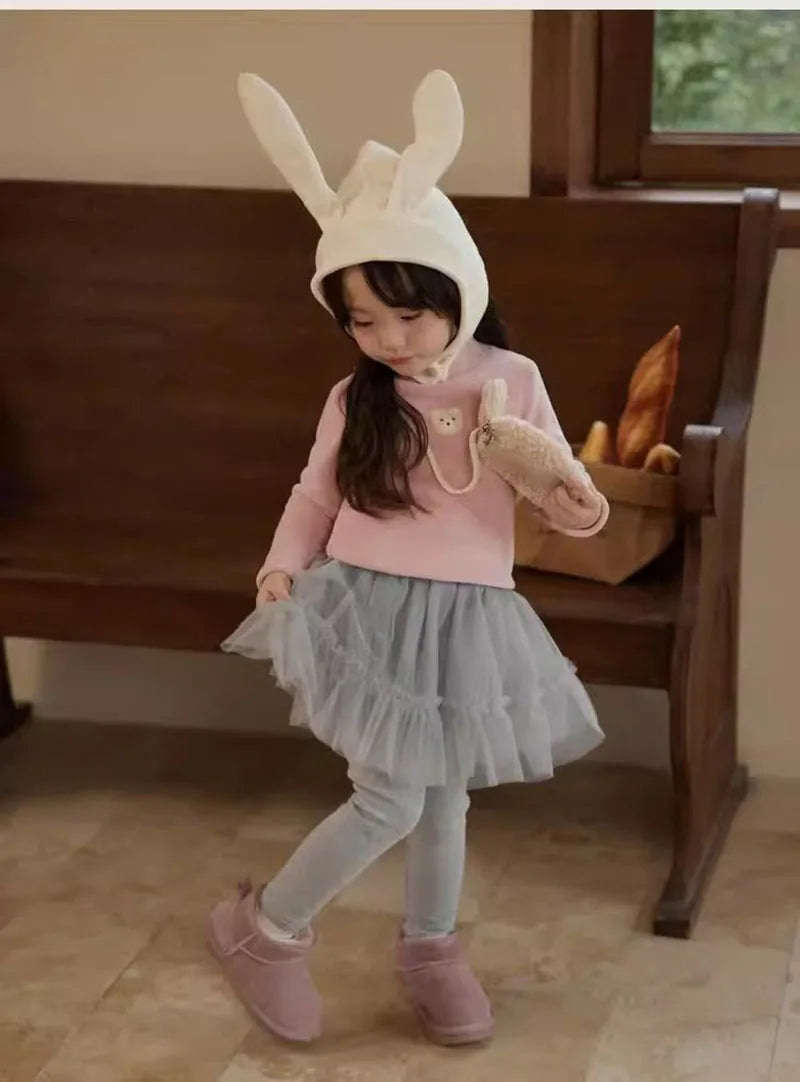 Kids Autumn Leggings Children Cute Thin Style Yarn Skirt Kids Solid Color Bow Skinny Pants