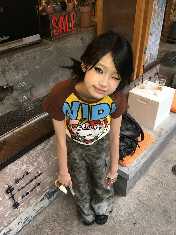 Sanrio Hello Kitty New Anime Fashion Short Tops Y2k Summer Cute Tees Cartoon Printed High Street Gothic Short Sleeve T-shirts