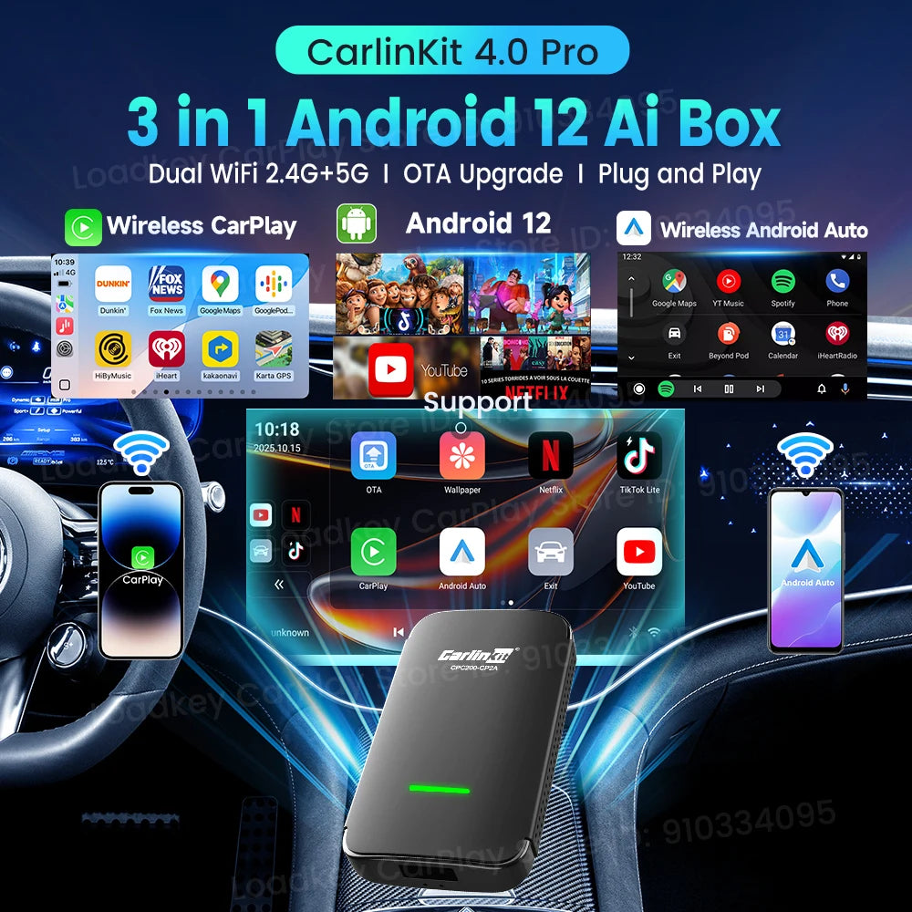 CarlinKit CP2A Pro Ai Box Wireless Adapter CarPlay Android Auto Wireless Smart CarPlay Box Support YouTube Netflix TikTok 5G USB
