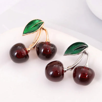 Fashion Crystal Dark Red Cherry Brooches For Women Clothing Cute Alloy Crystal Fruit Enamel Pins Party Jewelry Gifts