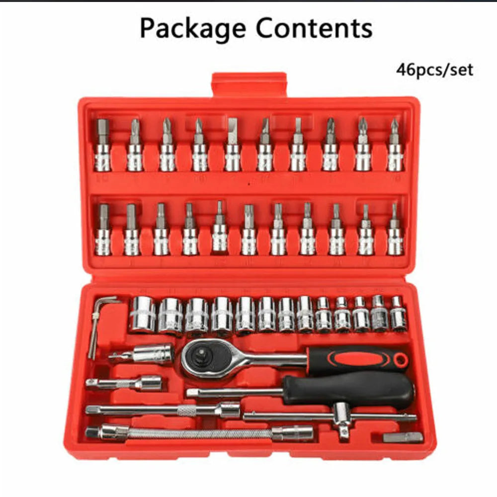 46PCS Ratchet Wrench Set Kit 1/4' Metric Drive Ratchet Phillips Torx Bits Allen Key Screwdriver Professional Metalworking Tool