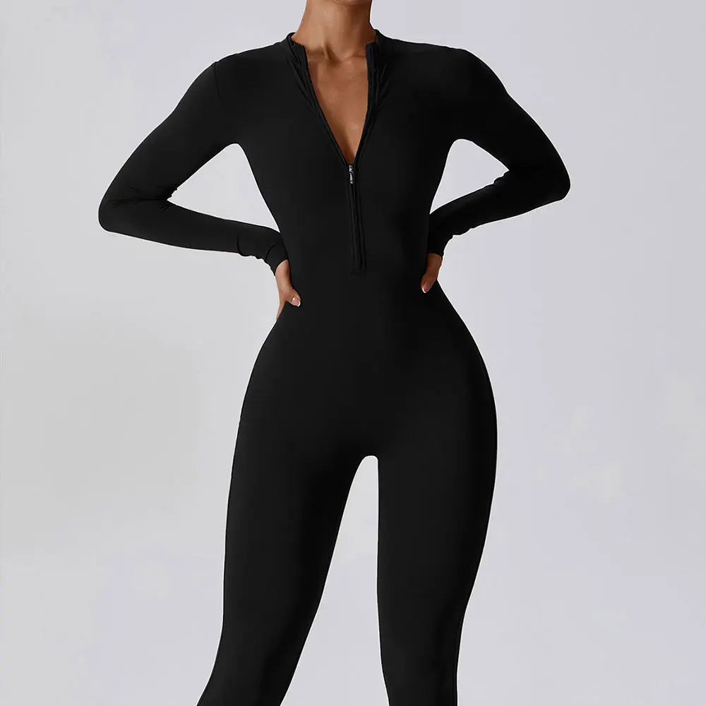 Women's Zipper Yoga Jumpsuit - Long Sleeve Workout Bodysuit for Gym & Fitness