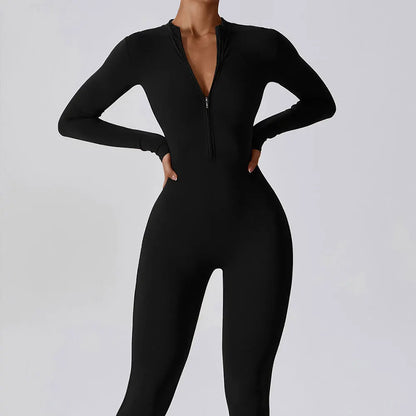 Women's Zipper Yoga Jumpsuit - Long Sleeve Workout Bodysuit for Gym & Fitness