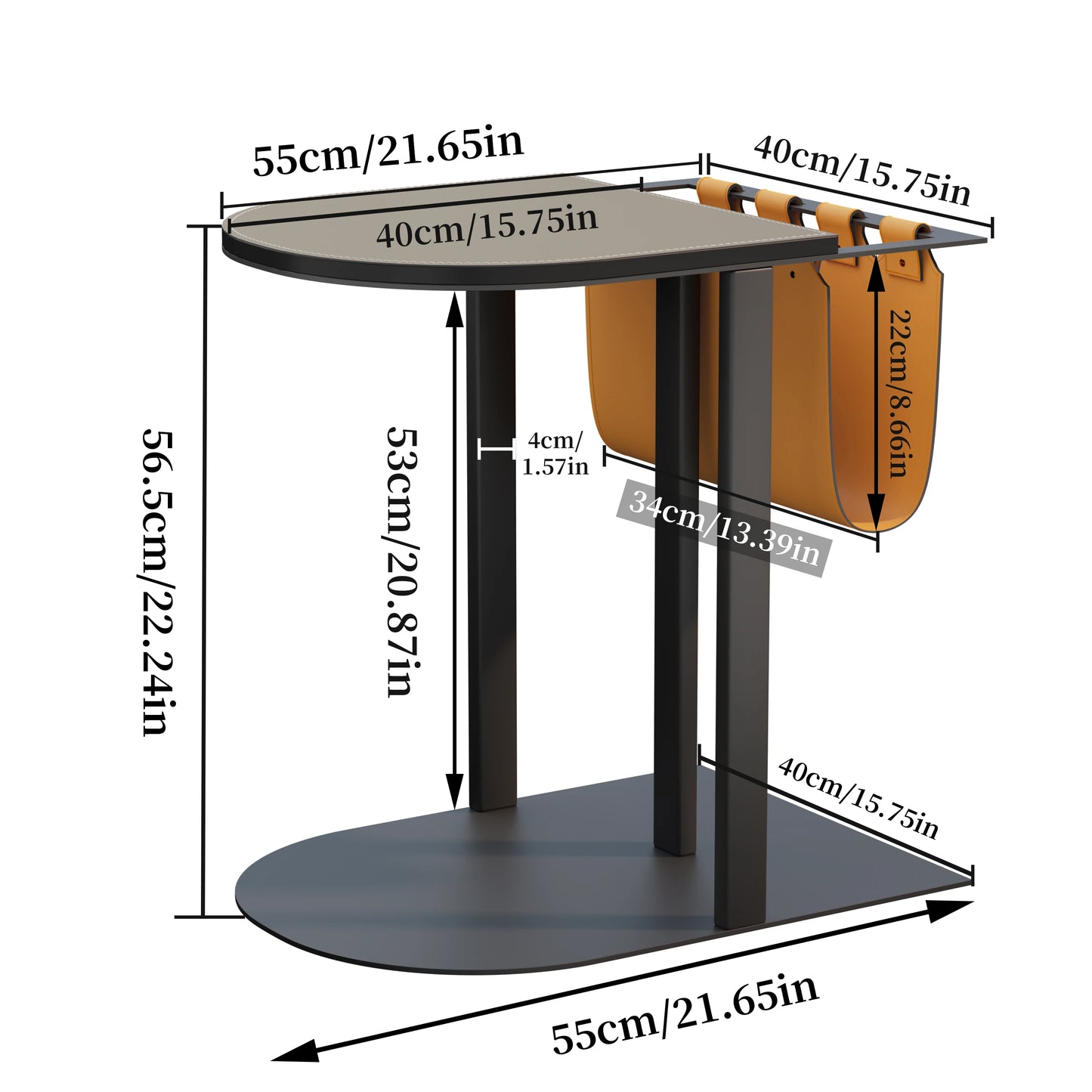 Light-Luxury Narrow Sofa Side Table, Saddle Leather Top, Bedside End Table, Magazine Rack for Living Room and Bedroom