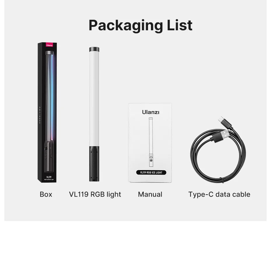 Ulanzi VL119 Stick Light RGB Handheld Wand Tube LED Video Light CRI 95+ 2500K-9000K 2000mAh Photography Lighting Fill Lamp