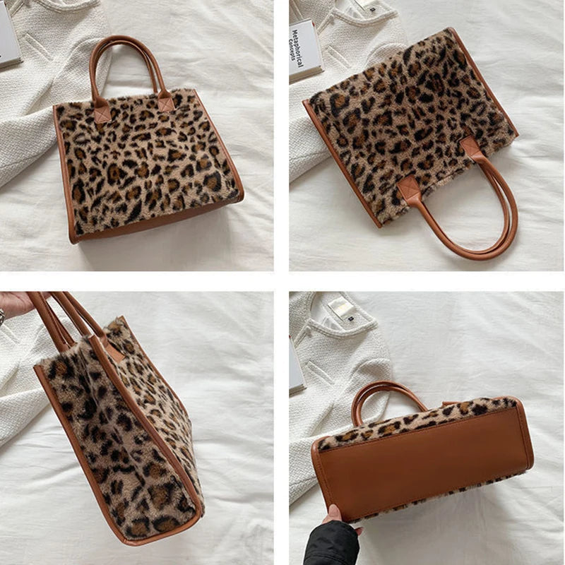 Winter Faux Fur ,Leopard Print Designer Shopper Totes, Fashion Soft Plush Women Shoulder Bags, Large Capacity Handbags and Purse