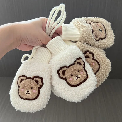Lamb Fleece Baby Plush Mittens Cute Bear Kids Hanging Neck Glove 1-4Year Boy Girl Children Winter Full Finger Gloves Hand Warmer