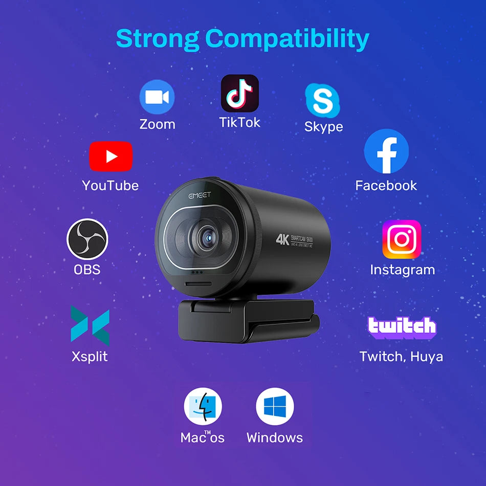 4K Webcam 1080P 60FPS Autofocus Streaming Web Camera EMEET S600 Living Stream Camera With Mics&Privacy Cover for Tiktok/YouTube