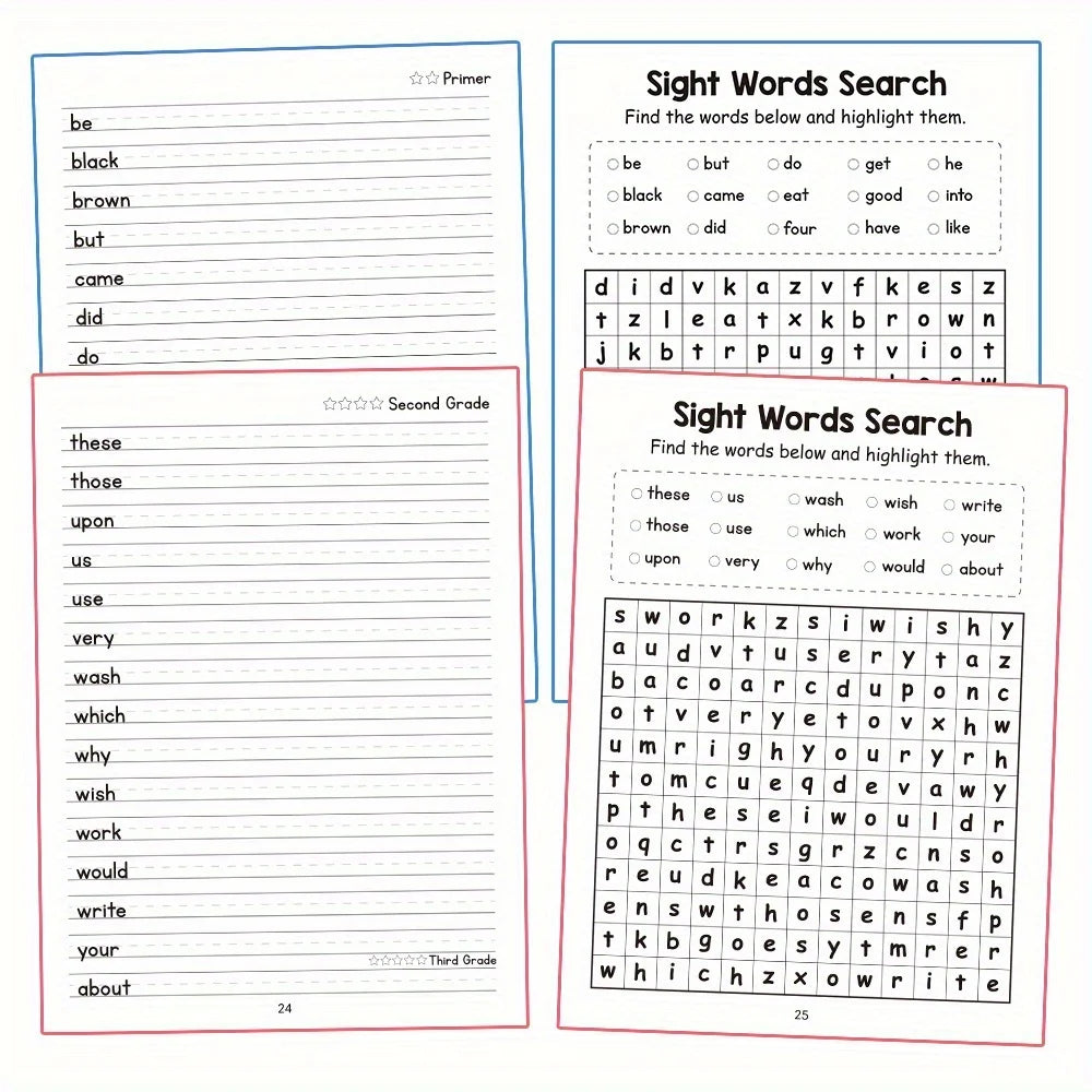 220 Sight Words Learning Workbook with Answer Key Educational Handwriting Sight Words Search Games for Age 3+ School Supplies