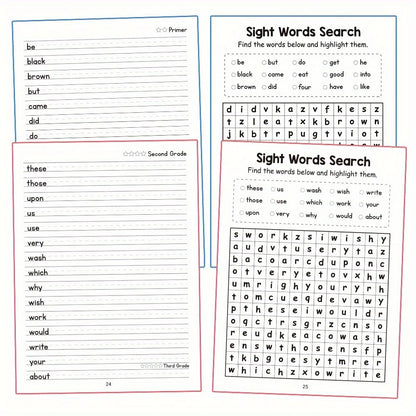 220 Sight Words Learning Workbook with Answer Key Educational Handwriting Sight Words Search Games for Age 3+ School Supplies