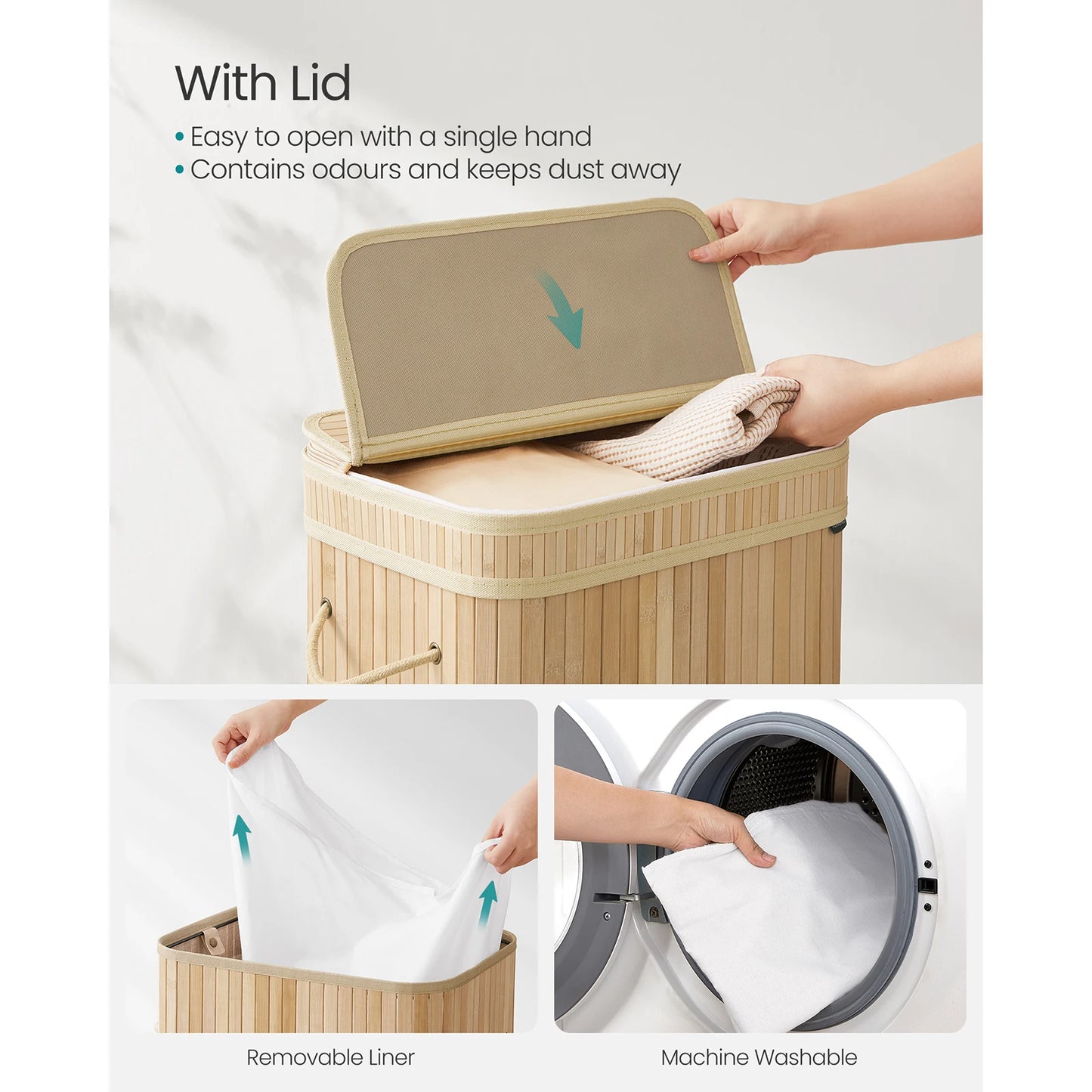 SONGMICS Laundry Hamper with Lid, Bamboo Laundry Basket, Removable Machine Washable Hamper Basket, with Handles, 72 L